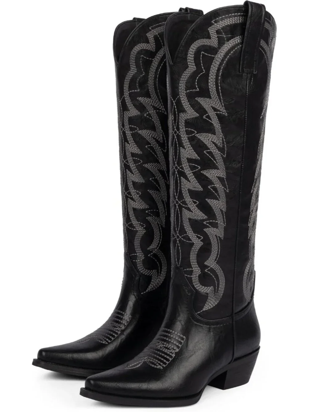 Women's Black Cowboy Knee High Boots Pointed Wide Calf Chunky Heel Cowgirl